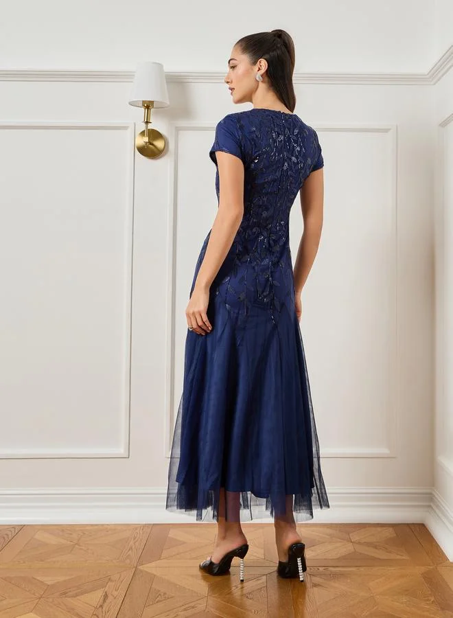 Styli  Women Navy Blue Embroidered Mesh A-Line Maxi Dress for Women | Best Price UAE